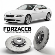 ForzaCCB direct OEM replacement carbon ceramic brake rotors for 2003 to 2010 BMW 6-Series Coupe E63 models, shown with a white BMW 6-Series Coupe car.