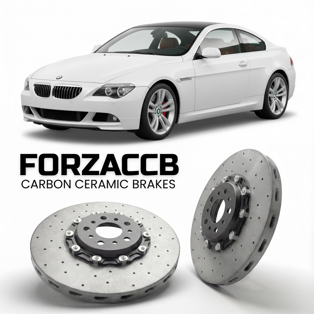 ForzaCCB direct OEM replacement carbon ceramic brake rotors for 2003 to 2010 BMW 6-Series Coupe E63 models, shown with a white BMW 6-Series Coupe car.