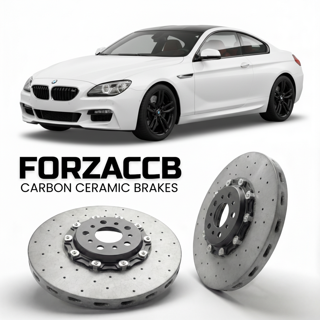 ForzaCCB direct OEM replacement carbon ceramic brake rotors for 2011 to 2018 BMW 6-Series Coupe F13 models, shown with a white BMW 6-Series Coupe car.