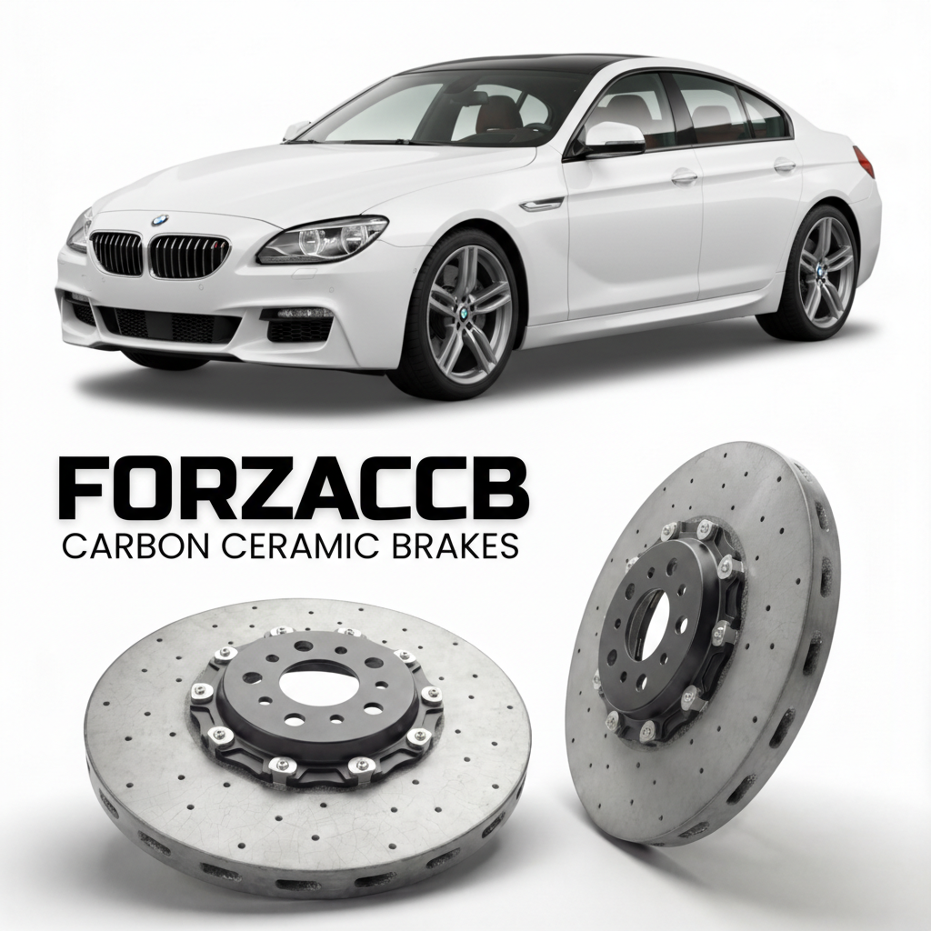 ForzaCCB direct OEM replacement carbon ceramic brake rotors for 2012 to 2018 BMW 6-Series Gran Coupe F06 models, shown with a white BMW 6-Series Gran Coupe car.