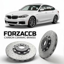 ForzaCCB direct OEM replacement carbon ceramic brake rotors for 2017 to 2023 BMW 6-Series Gran Turismo G32 models, shown with a white BMW 6-Series Gran Turismo car.