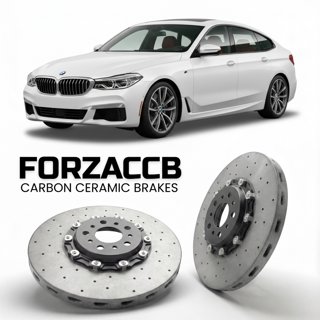 ForzaCCB direct OEM replacement carbon ceramic brake rotors for 2017 to 2023 BMW 6-Series Gran Turismo G32 models, shown with a white BMW 6-Series Gran Turismo car.