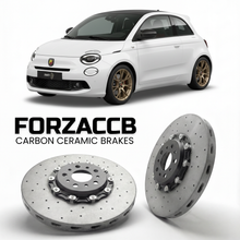 ForzaCCB direct OEM replacement carbon ceramic brake rotors for 2024 and newer Abarth 600 Abarth 600e models, shown with a white Abarth 600 car.