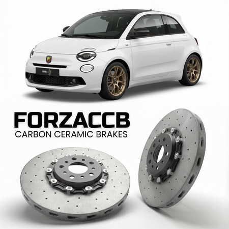 ForzaCCB direct OEM replacement carbon ceramic brake rotors for 2024 and newer Abarth 600 Abarth 600e models, shown with a white Abarth 600 car.