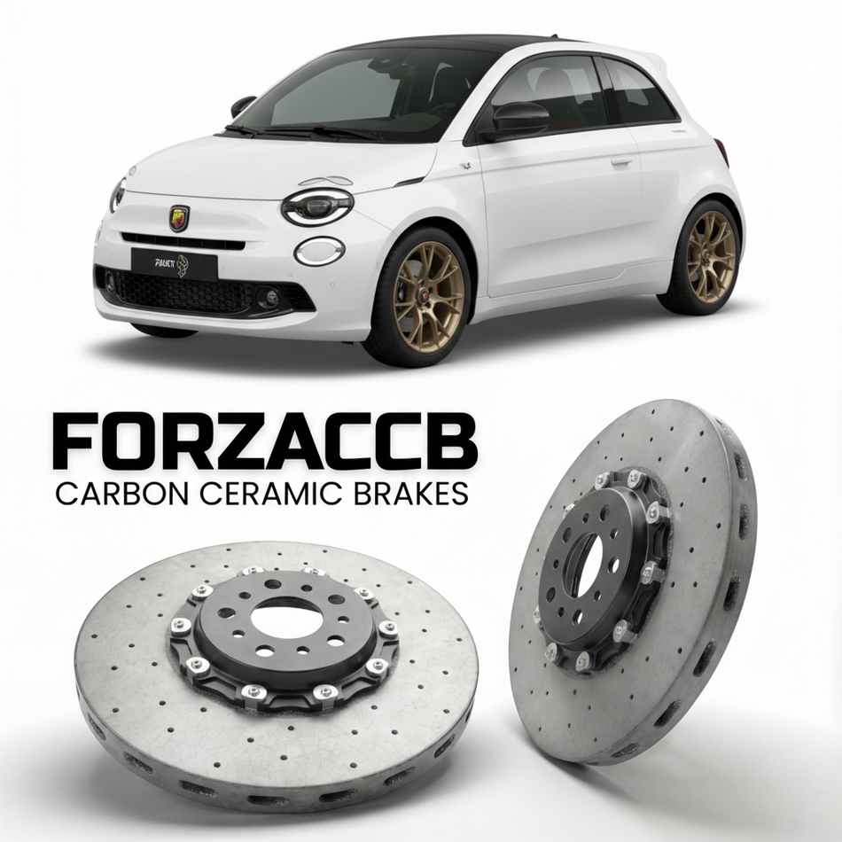 ForzaCCB direct OEM replacement carbon ceramic brake rotors for 2024 and newer Abarth 600 Abarth 600e models, shown with a white Abarth 600 car.