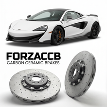 ForzaCCB direct OEM replacement carbon ceramic brake rotors for 2018 to 2020 McLaren 600LT P13 models, shown with a white McLaren 600LT car.