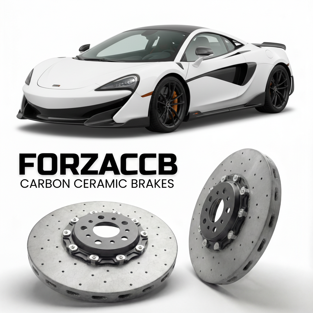 ForzaCCB direct OEM replacement carbon ceramic brake rotors for 2018 to 2020 McLaren 600LT P13 models, shown with a white McLaren 600LT car.