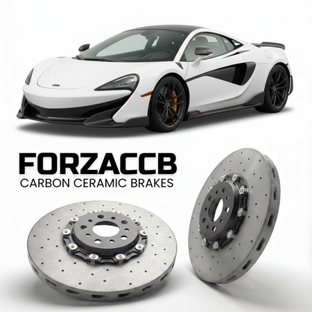ForzaCCB direct OEM replacement carbon ceramic brake rotors for 2018 to 2020 McLaren 600LT P13 models, shown with a white McLaren 600LT car.