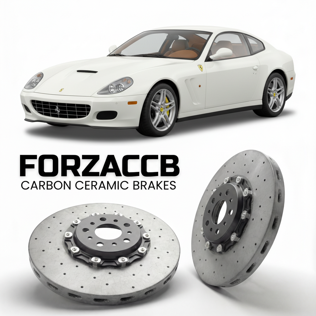 ForzaCCB direct OEM replacement carbon ceramic brake rotors for 2004 to 2011 Ferrari 612 Scaglietti models, shown with a white Ferrari 612 Scaglietti car.