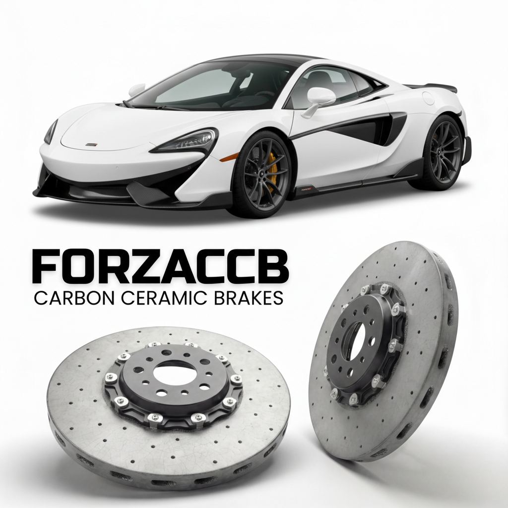 ForzaCCB direct OEM replacement carbon ceramic brake rotors for 2019 to 2021 McLaren 620R P13 models, shown with a white McLaren 620R car.
