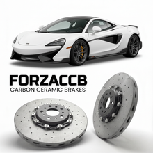 ForzaCCB direct OEM replacement carbon ceramic brake rotors for 2019 to 2021 McLaren 620R P13 models, shown with a white McLaren 620R car.