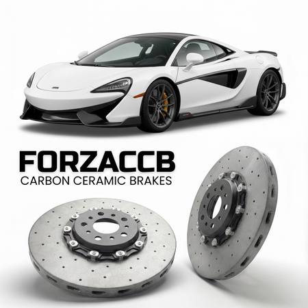 ForzaCCB direct OEM replacement carbon ceramic brake rotors for 2019 to 2021 McLaren 620R P13 models, shown with a white McLaren 620R car.