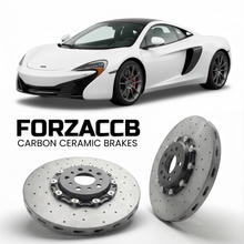 ForzaCCB direct OEM replacement carbon ceramic brake rotors for 2015 to 2016 McLaren 625C P11 models, shown with a white McLaren 625C car.