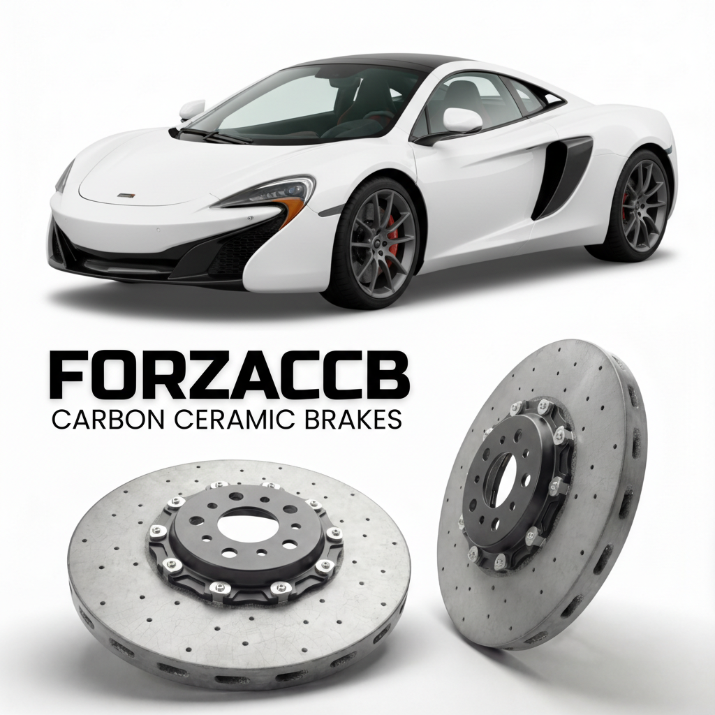 ForzaCCB direct OEM replacement carbon ceramic brake rotors for 2015 to 2016 McLaren 625C P11 models, shown with a white McLaren 625C car.