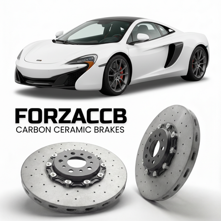 ForzaCCB direct OEM replacement carbon ceramic brake rotors for 2015 to 2016 McLaren 625C P11 models, shown with a white McLaren 625C car.