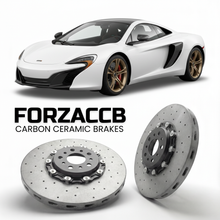 ForzaCCB direct OEM replacement carbon ceramic brake rotors for 2014 to 2017 McLaren 650S P11 models, shown with a white McLaren 650S car.