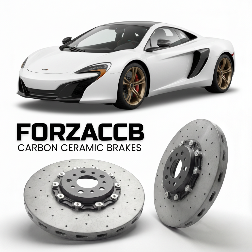 ForzaCCB direct OEM replacement carbon ceramic brake rotors for 2014 to 2017 McLaren 650S P11 models, shown with a white McLaren 650S car.