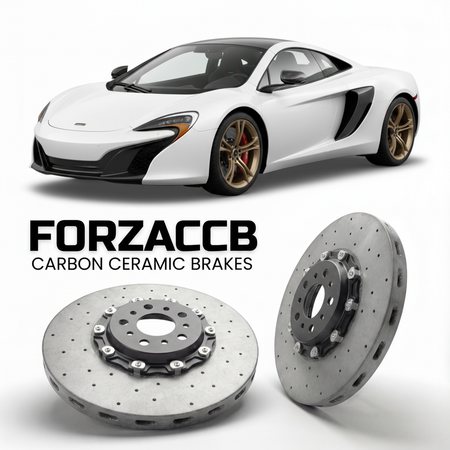 ForzaCCB direct OEM replacement carbon ceramic brake rotors for 2014 to 2017 McLaren 650S P11 models, shown with a white McLaren 650S car.