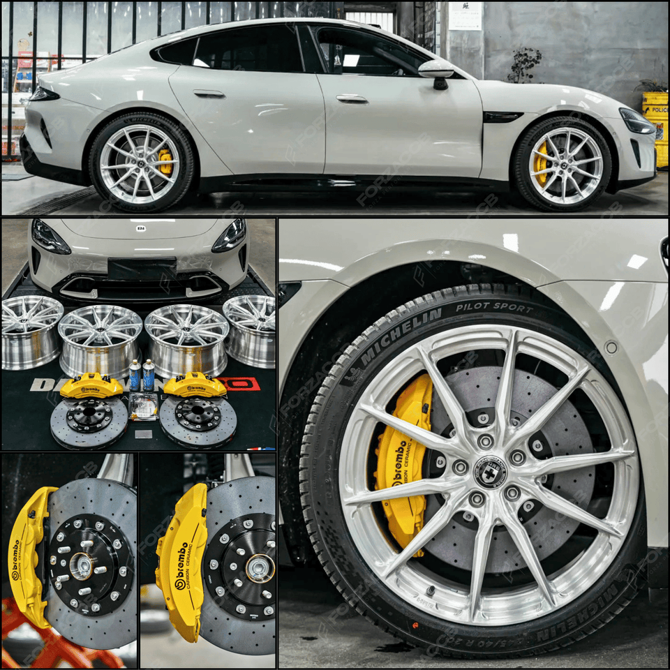 Collage of a white Xiaomi SU7 (2025), yellow Brembo calipers paired with carbon ceramic rotors.