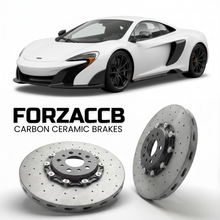 ForzaCCB direct OEM replacement carbon ceramic brake rotors for 2015 to 2017 McLaren 675LT P11 models, shown with a white McLaren 675LT car.