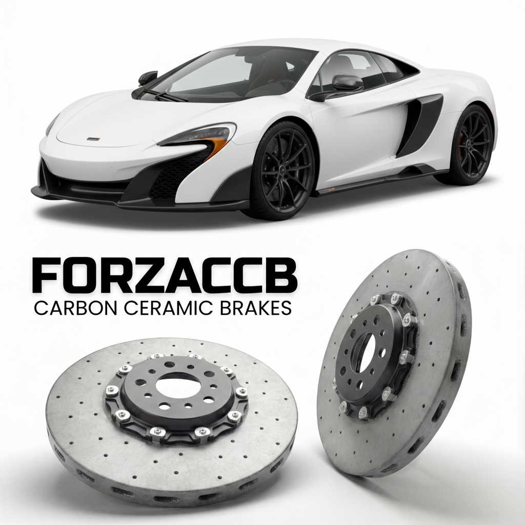 ForzaCCB direct OEM replacement carbon ceramic brake rotors for 2015 to 2017 McLaren 675LT P11 models, shown with a white McLaren 675LT car.
