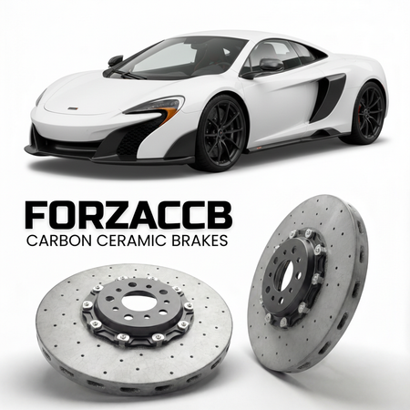 ForzaCCB direct OEM replacement carbon ceramic brake rotors for 2015 to 2017 McLaren 675LT P11 models, shown with a white McLaren 675LT car.
