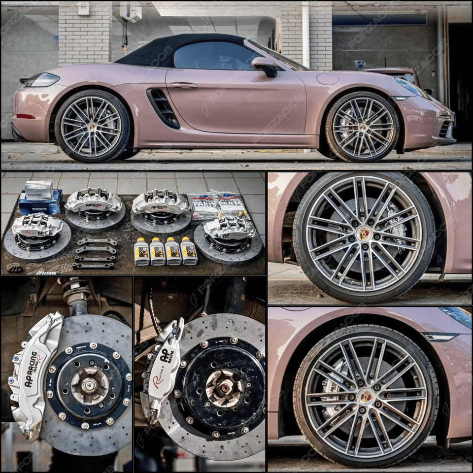 Collage of a Porsche 718 Boxster 982 (2019) with AP Racing calipers paired with CCB discs.