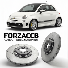 ForzaCCB direct OEM replacement carbon ceramic brake rotors for 2014 and newer Abarth 695 models, shown with a white Abarth 695 car.