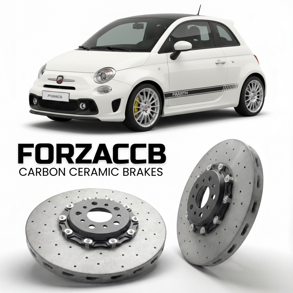 ForzaCCB direct OEM replacement carbon ceramic brake rotors for 2014 and newer Abarth 695 models, shown with a white Abarth 695 car.