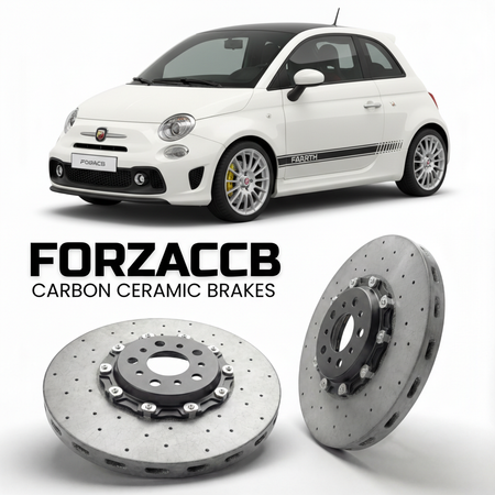 ForzaCCB direct OEM replacement carbon ceramic brake rotors for 2014 and newer Abarth 695 models, shown with a white Abarth 695 car.