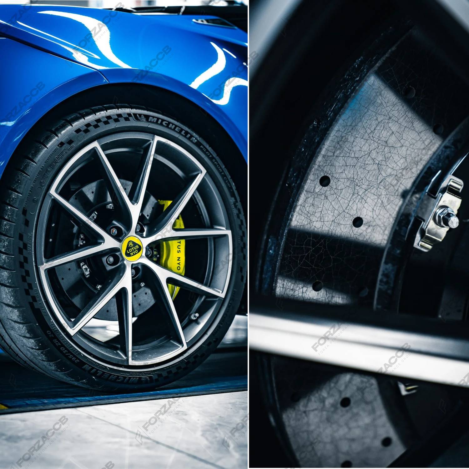 ForzaCCB carbon ceramic brake rotor paired with a signature bronze Mercedes AMG Carbon Ceramic brake caliper and OEM packaging.