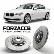 ForzaCCB direct OEM replacement carbon ceramic brake rotors for 2010 to 2015 BMW 7-Series F04 models, shown with a white BMW 7-Series car.