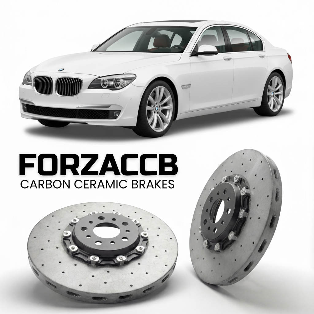 ForzaCCB direct OEM replacement carbon ceramic brake rotors for 2010 to 2015 BMW 7-Series F04 models, shown with a white BMW 7-Series car.