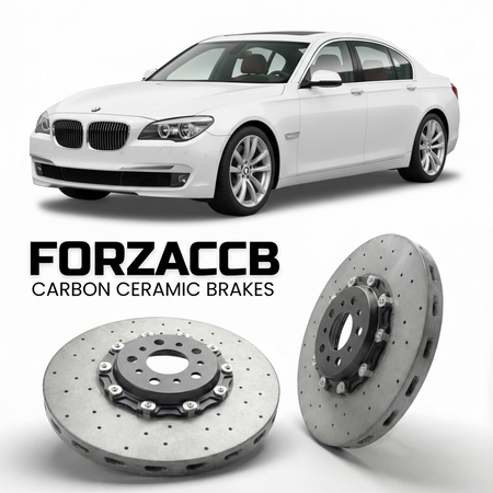 ForzaCCB direct OEM replacement carbon ceramic brake rotors for 2010 to 2015 BMW 7-Series F04 models, shown with a white BMW 7-Series car.