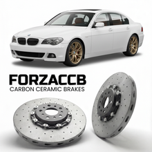 ForzaCCB direct OEM replacement carbon ceramic brake rotors for 2005 to 2008 BMW 7-Series Sedan E65 LCI models, shown with a white BMW 7-Series Sedan car.