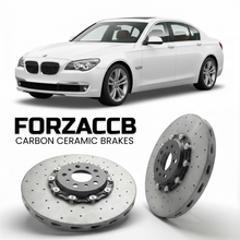 ForzaCCB direct OEM replacement carbon ceramic brake rotors for 2008 to 2015 BMW 7-Series Sedan F01 models, shown with a white BMW 7-Series Sedan car.