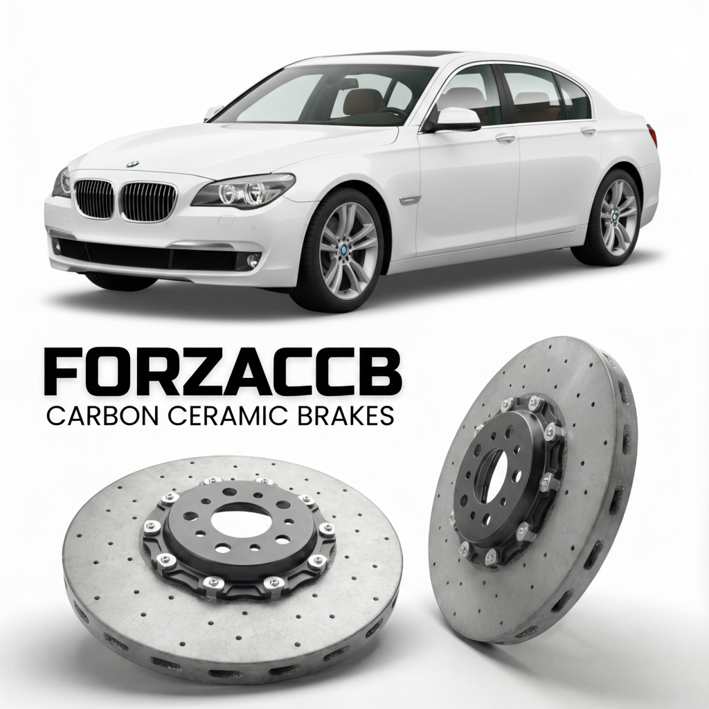 ForzaCCB direct OEM replacement carbon ceramic brake rotors for 2008 to 2015 BMW 7-Series Sedan F01 models, shown with a white BMW 7-Series Sedan car.