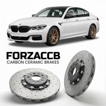 ForzaCCB direct OEM replacement carbon ceramic brake rotors for 2015 to 2022 BMW 7-Series Sedan G11 models, shown with a white BMW 7-Series Sedan car.