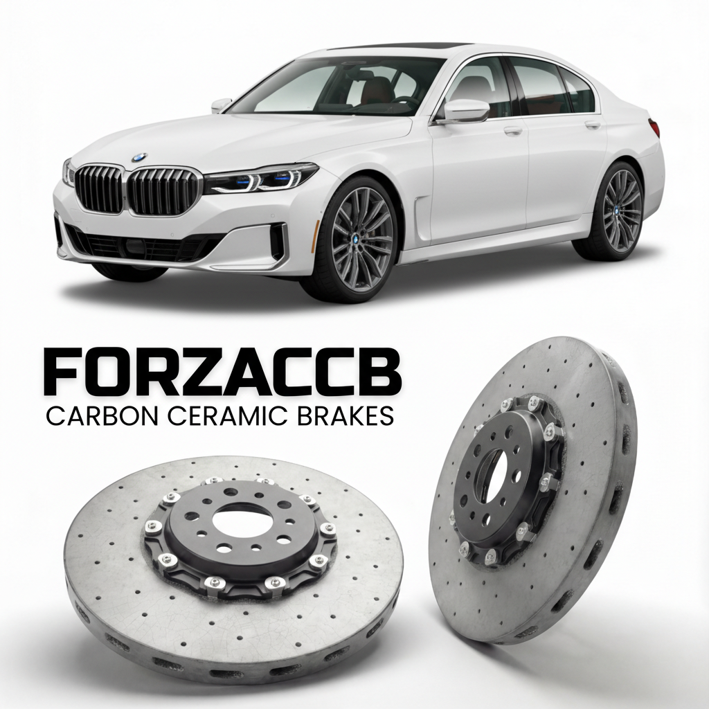 ForzaCCB direct OEM replacement carbon ceramic brake rotors for 2022 and newer BMW 7-Series Sedan G70 models, shown with a white BMW 7-Series Sedan car.