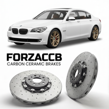 ForzaCCB direct OEM replacement carbon ceramic brake rotors for 2008 to 2015 BMW 7-Series Sedan LWB F02 models, shown with a white BMW 7-Series Sedan LWB car.