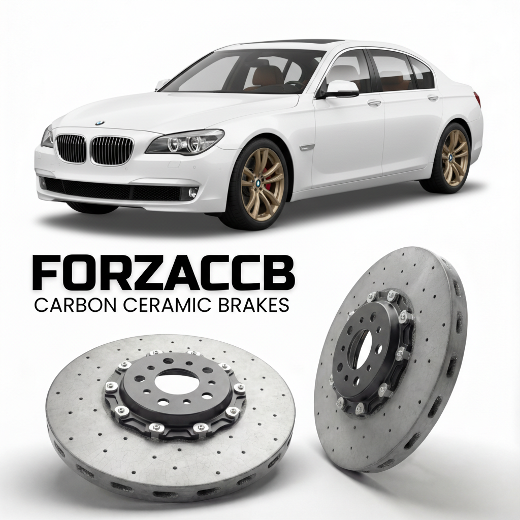 ForzaCCB direct OEM replacement carbon ceramic brake rotors for 2008 to 2015 BMW 7-Series Sedan LWB F02 models, shown with a white BMW 7-Series Sedan LWB car.