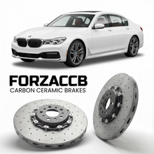 ForzaCCB direct OEM replacement carbon ceramic brake rotors for 2015 to 2022 BMW 7-Series Sedan LWB G12 models, shown with a white BMW 7-Series Sedan LWB car.