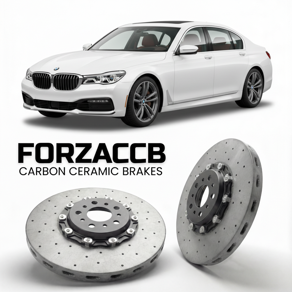 ForzaCCB direct OEM replacement carbon ceramic brake rotors for 2015 to 2022 BMW 7-Series Sedan LWB G12 models, shown with a white BMW 7-Series Sedan LWB car.