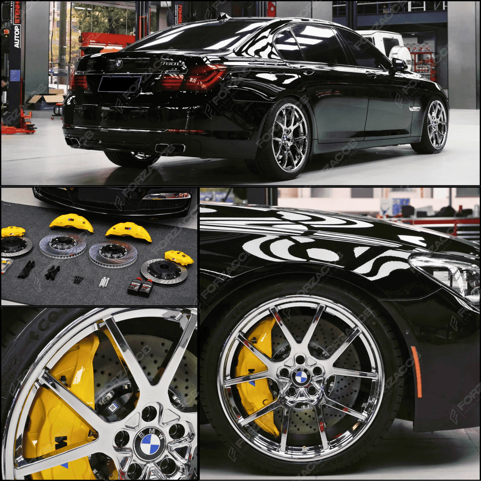 Collage of a black BMW 760 Li (2014), yellow Akebono 10N Calipers, GT3 calipers and iron rotors for front/rear axles.