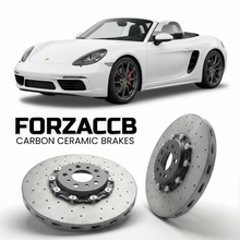 ForzaCCB direct OEM replacement carbon ceramic brake rotors for 2017 and newer Porsche 718 Boxster models, shown with a white Porsche 718 Boxster car.
