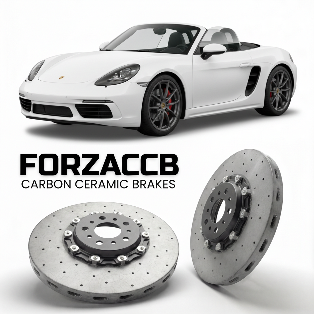 ForzaCCB direct OEM replacement carbon ceramic brake rotors for 2017 and newer Porsche 718 Boxster models, shown with a white Porsche 718 Boxster car.