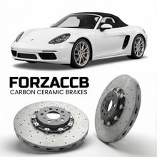 ForzaCCB direct OEM replacement carbon ceramic brake rotors for 2017 and newer Porsche 718 Boxster S models, shown with a white Porsche 718 Boxster S car.