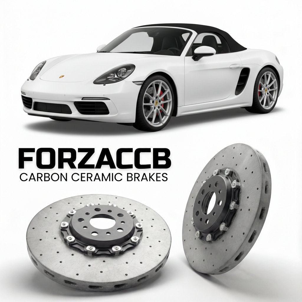 ForzaCCB direct OEM replacement carbon ceramic brake rotors for 2017 and newer Porsche 718 Boxster S models, shown with a white Porsche 718 Boxster S car.
