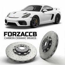 ForzaCCB direct OEM replacement carbon ceramic brake rotors for 2022 and newer Porsche 718 GT4 RS 982 models, shown with a white Porsche 718 GT4 RS car.