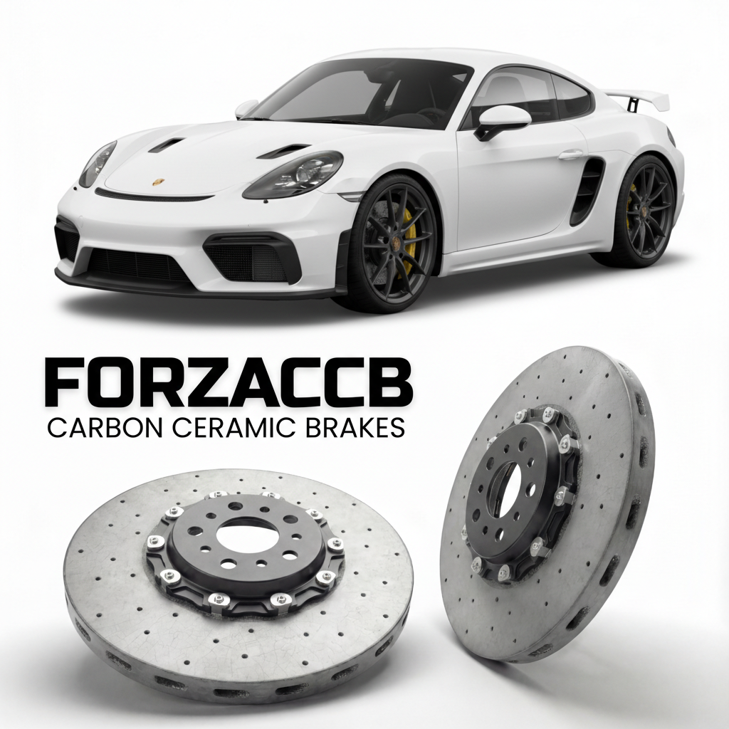 ForzaCCB direct OEM replacement carbon ceramic brake rotors for 2022 and newer Porsche 718 GT4 RS 982 models, shown with a white Porsche 718 GT4 RS car.